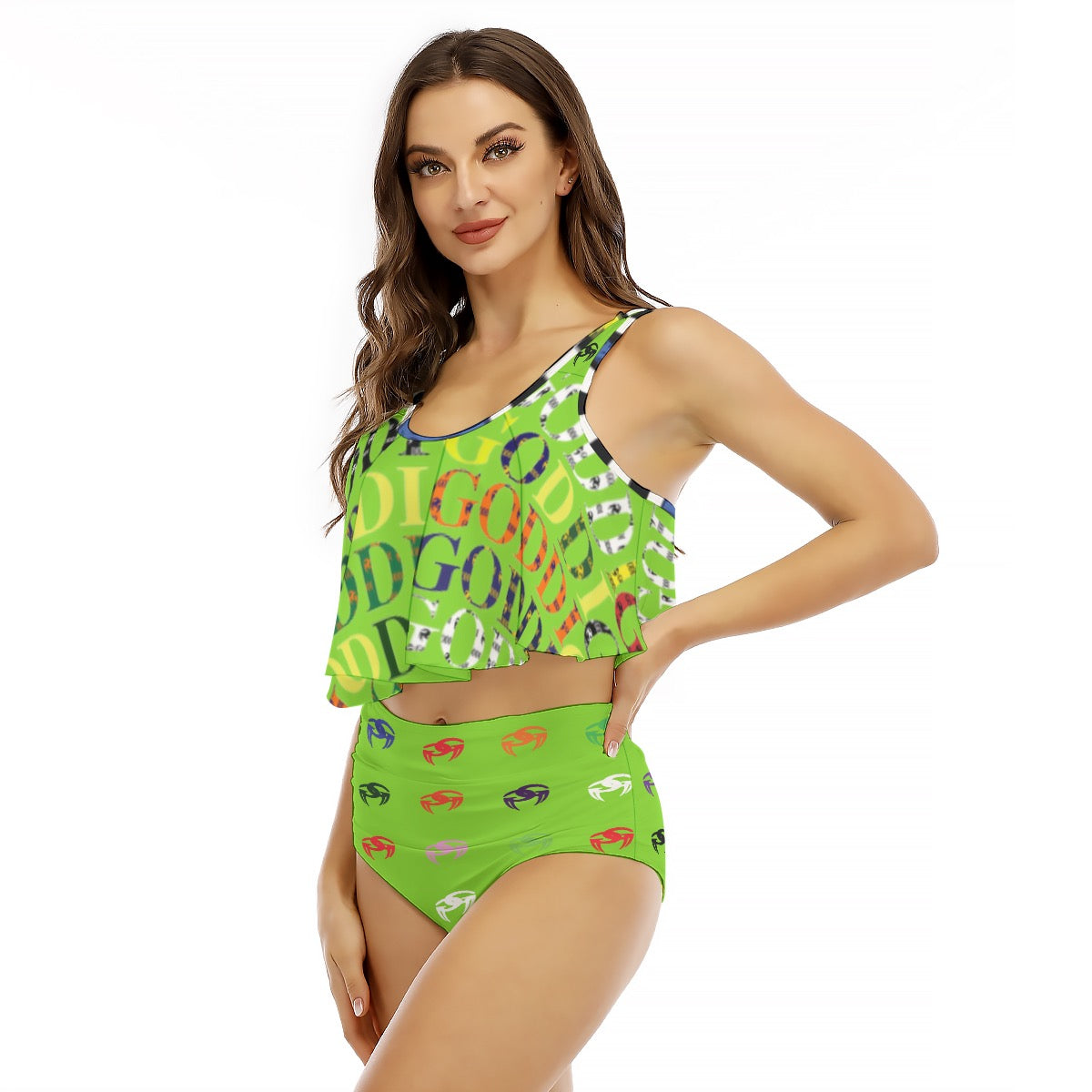 All-Over Print Women's Ruffled Vest Bikini Swimsuit