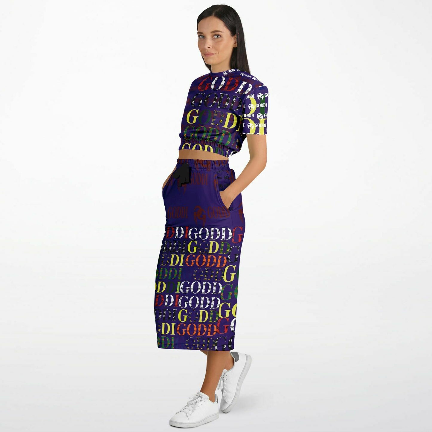 Goddi Cropped Short Sleeve Sweatshirt and Long Pocket Skirt Set – AOP