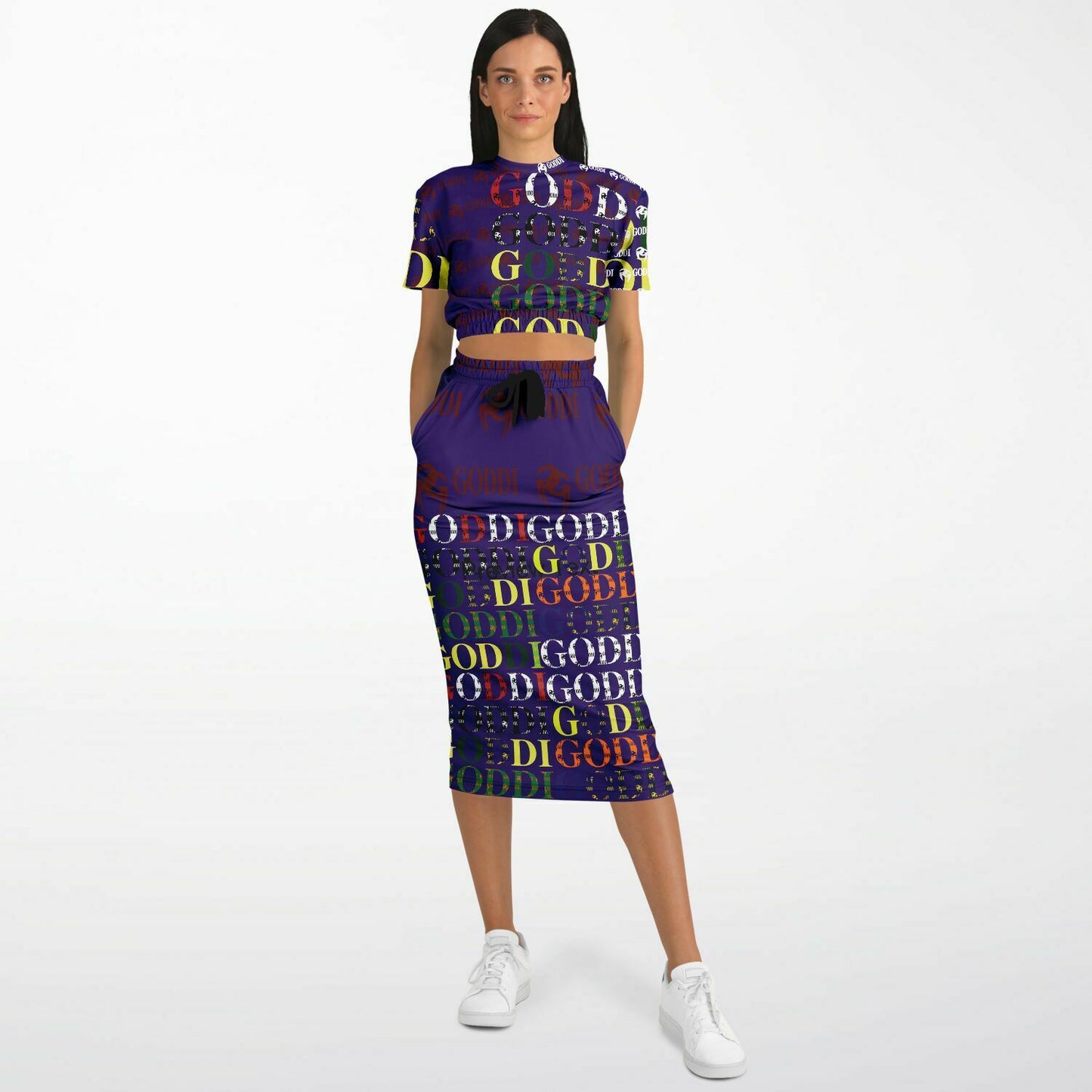 Goddi Cropped Short Sleeve Sweatshirt and Long Pocket Skirt Set – AOP