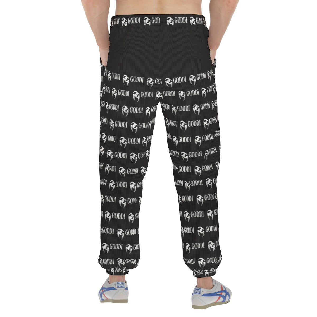 GODDI GG, Hands In Your Pocket Black All-Over Logo Print Men's Sweatpants