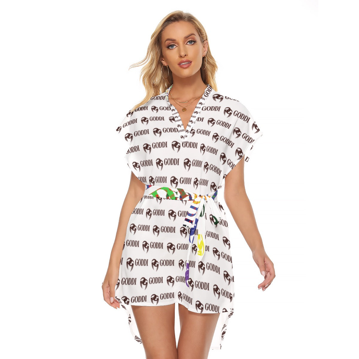 GODDI "Stylish Casual Dress with Thin Belt and V-Neck - Short Sleeve and Charming Design, xs