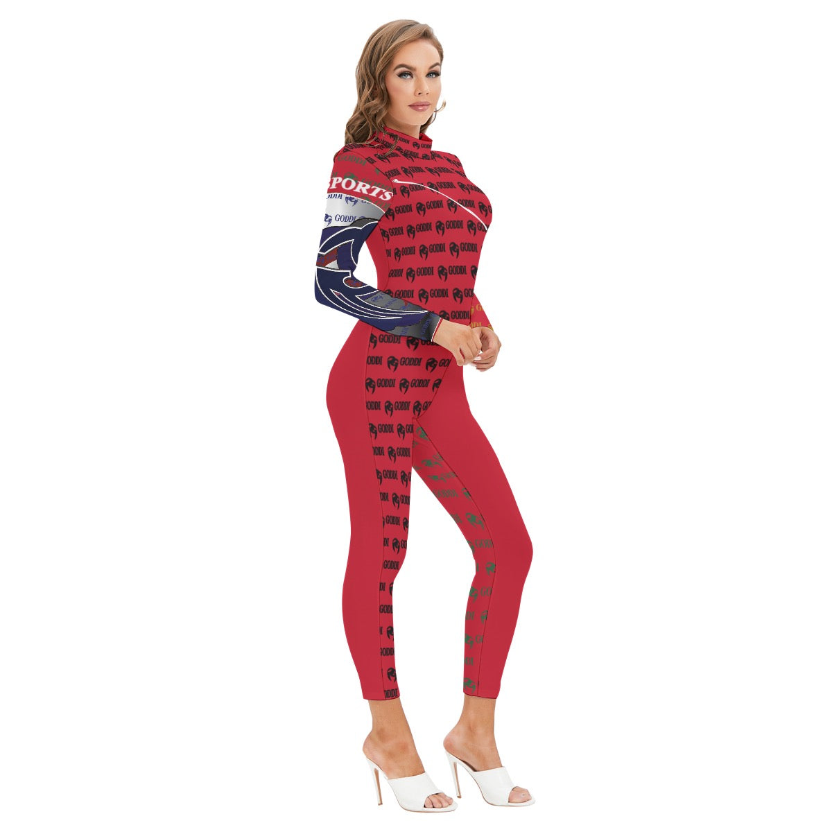 All-Over Print Women's Long-sleeved High-neck Jumpsuit With Zipper