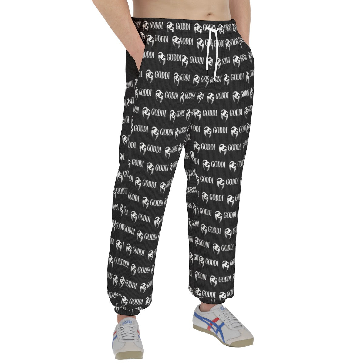 GODDI GG, Hands In Your Pocket Black All-Over Logo Print Men's Sweatpants