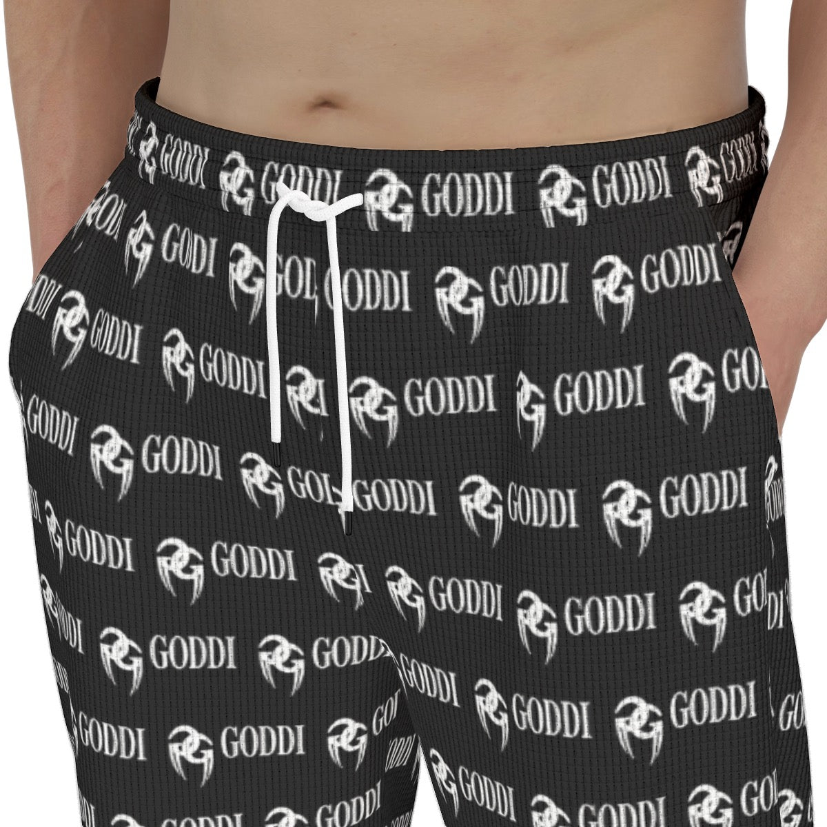 GODDI GG, Hands In Your Pocket Black All-Over Logo Print Men's Sweatpants