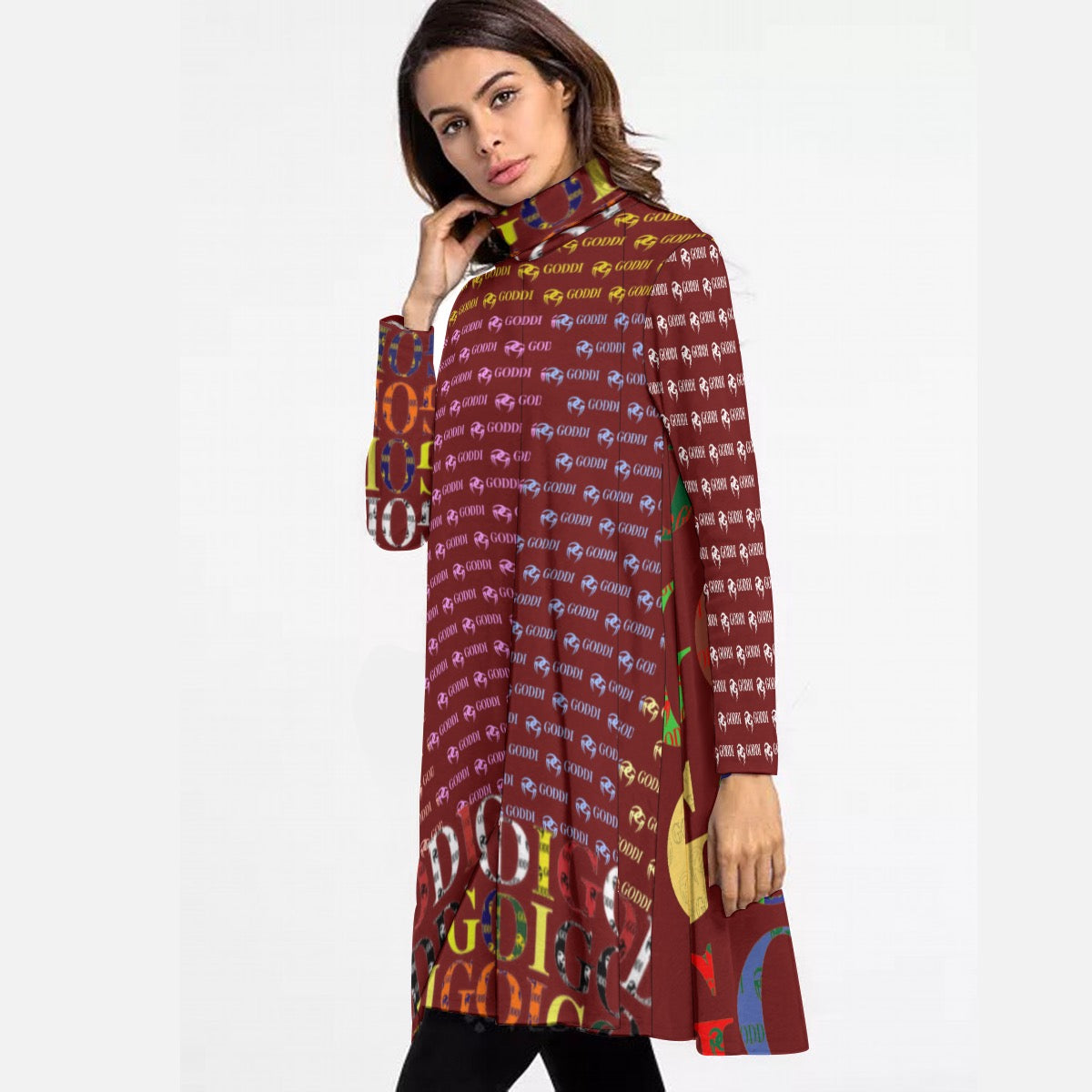 All-Over Print Women's High Neck Dress With Long Sleeve